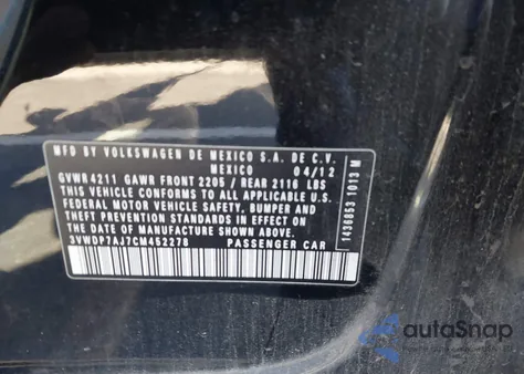 2012 Volkswagen Jetta 2.5L Se from USA, damaged, VIN 3VWDP7AJ7CM452278